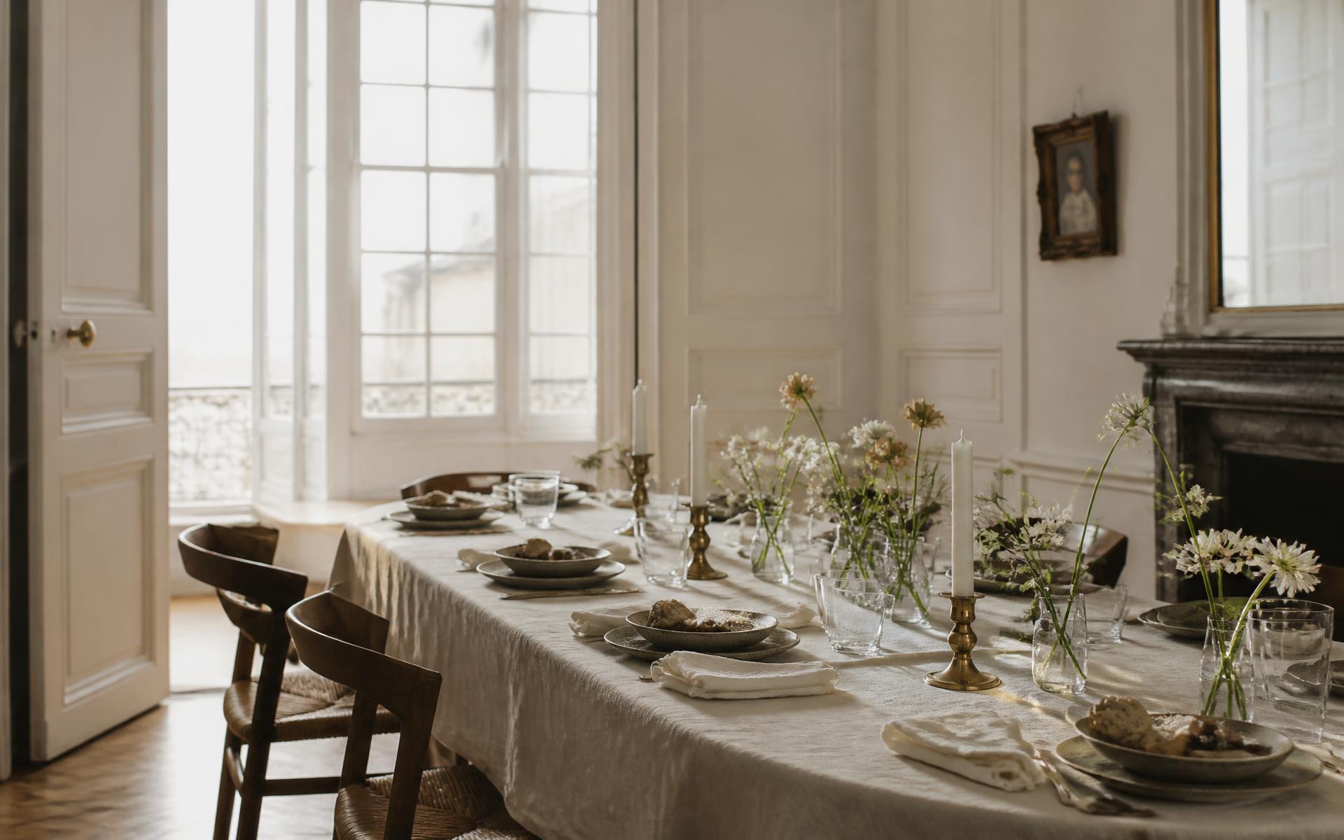 A long linen table set in a bright historic apartment, sunlight through tall windows
