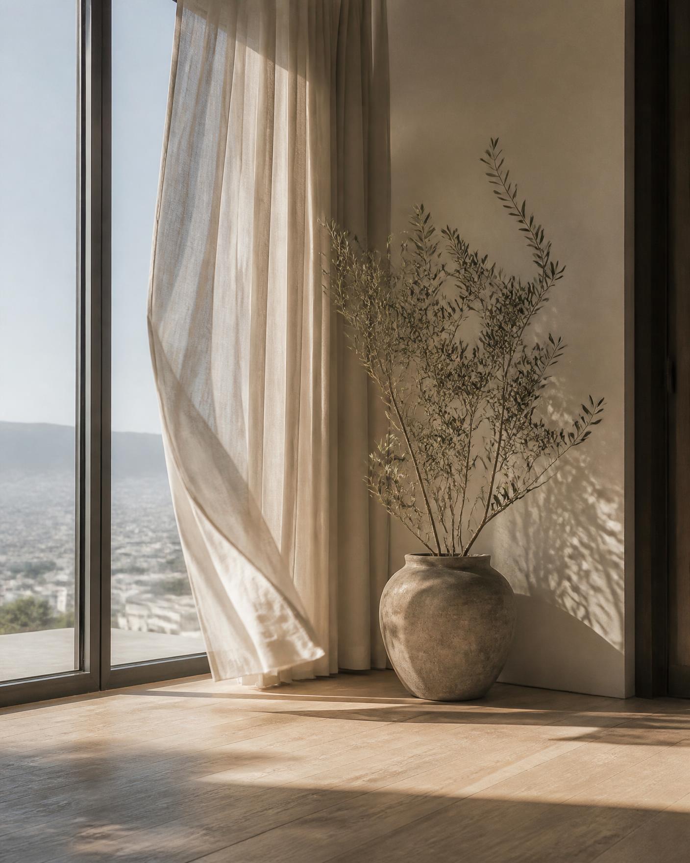 A quiet sunlit corner with a linen curtain and olive branches in a stone vessel